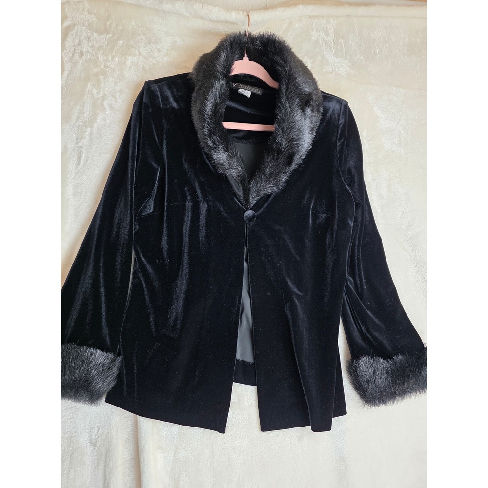 Vintage Alex Evenings Black Velvet Faux Fur‎ Trim Collar Cuffs Jacket Blazer